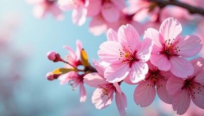 Fototapeta premium Delicate pink sakura blossoms, full bloom, overlapping petals , twig, sweet