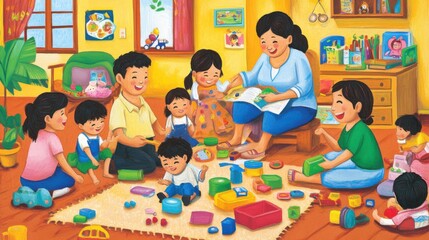 Fototapeta premium Family Bonding in a Colorful Playroom: Engaging Moments with Children as They Explore, Learn, and Create Together in a Cheerful Environment Full of Toys and Imagination