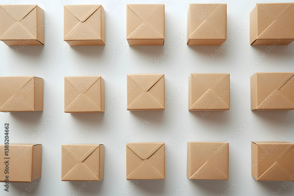 Poster neatly arranged brown cardboard boxes creating a uniform flat lay design