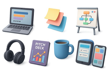 Essential 3d tech startup icons: laptop, smartphone, flowchart, headphones, sticky notes, pitch deck