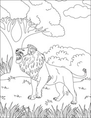 Lion in forest coloring page for adult vector
