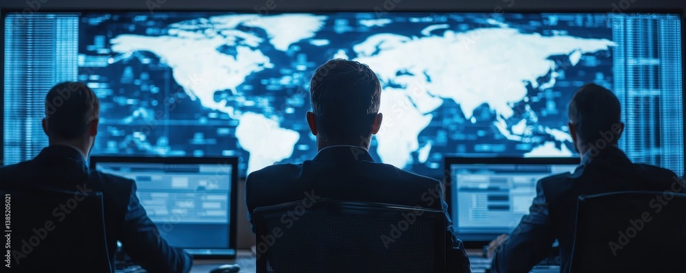 Poster three individuals monitor global data on screens, focusing on world maps and analytics in a high-tec