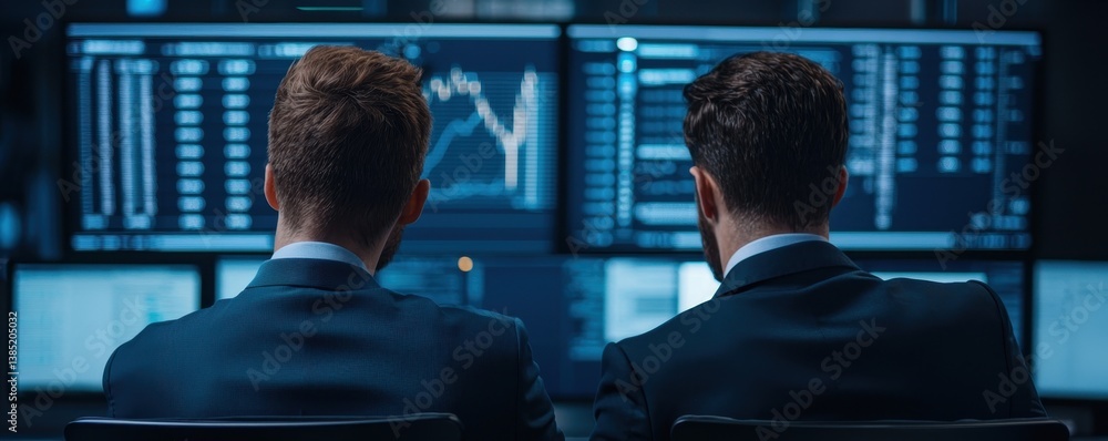 Poster two professionals in suits analyze data on multiple screens, focusing on financial graphs and statis