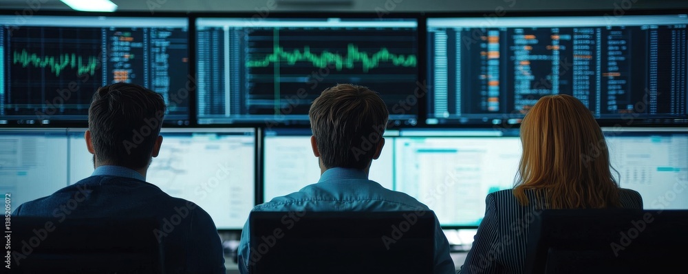 Poster a group of professionals monitors multiple screens displaying data analytics in a high-tech office e