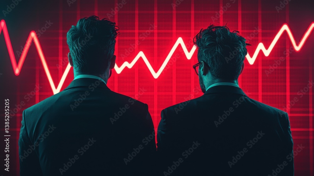 Poster two men in suits observe a fluctuating graph on a red background, symbolizing financial analysis and