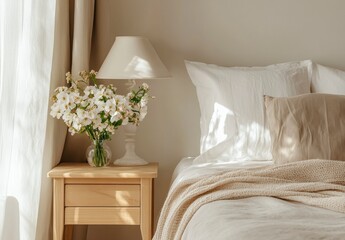 Cozy Bedroom Interior with Fresh Floral Arrangement and Soft Textiles