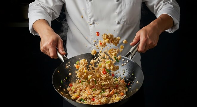 Chef Cooking Fried Rice in Wok Tossing Food Ingredients