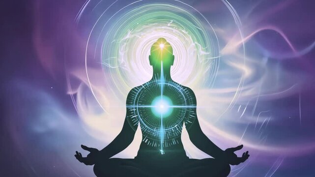 Silhouette of meditating human figure with glowing chakra centers against cosmic background. Ethereal energy waves pulse and flow around the body as the spiritual aura colors gradually shift.