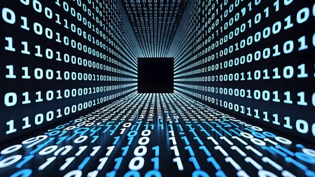 3D perspective of binary code tunnel with glowing ones and zeros flowing toward a central black void in a futuristic digital data environment

