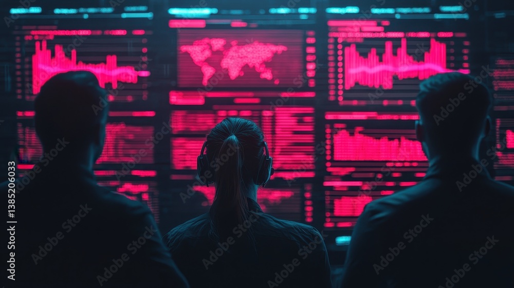 Poster a group of individuals observe glowing screens displaying data visuals in a dark environment, showca