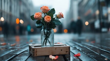 A jar filled with exquisite orange roses sits on a rain-soaked street, creating a poetic contrast of beauty against a backdrop of a bustling urban scene and muted colors.