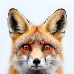Fototapeta premium Close-up portrait of a curious red fox with bright orange eyes isolated on a clean white background showcasing its facial details