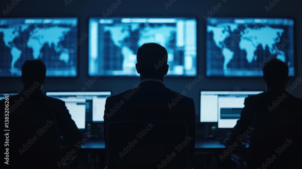 Poster a group of people in suits are seated in front of multiple computer screens displaying global maps a