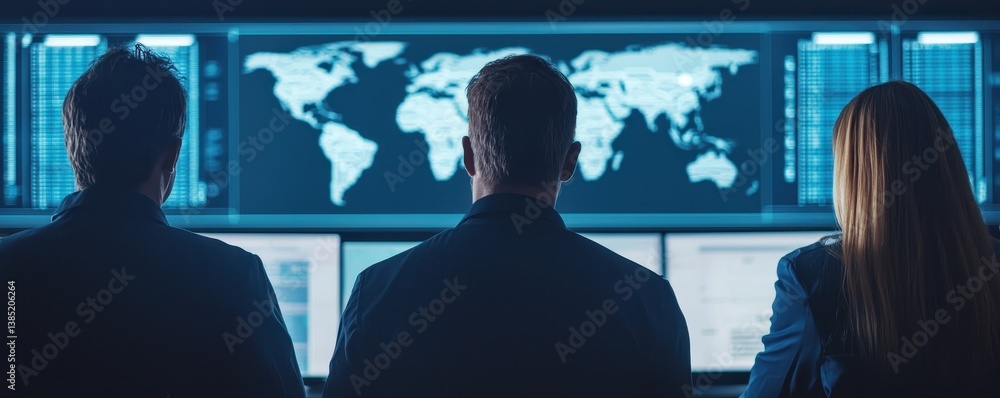 Poster three individuals observe global data on screens, highlighting a technological and analytical enviro