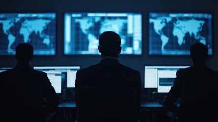 A group of people in suits are seated in front of multiple computer screens displaying global maps and data, set in a dimly lit environment.