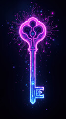 Cybersecurity key with digital magic sparkles.