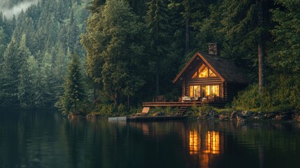 Fototapeta premium Illuminated lakeside log cabin at dusk.