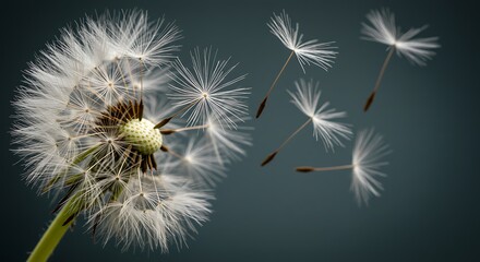 Dandelion Seed Head with Flying Seeds in Studio with Gentle Light