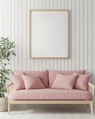 Fototapeta premium Cozy Pink Sofa with Throw Pillows Against a Simple Wall Background