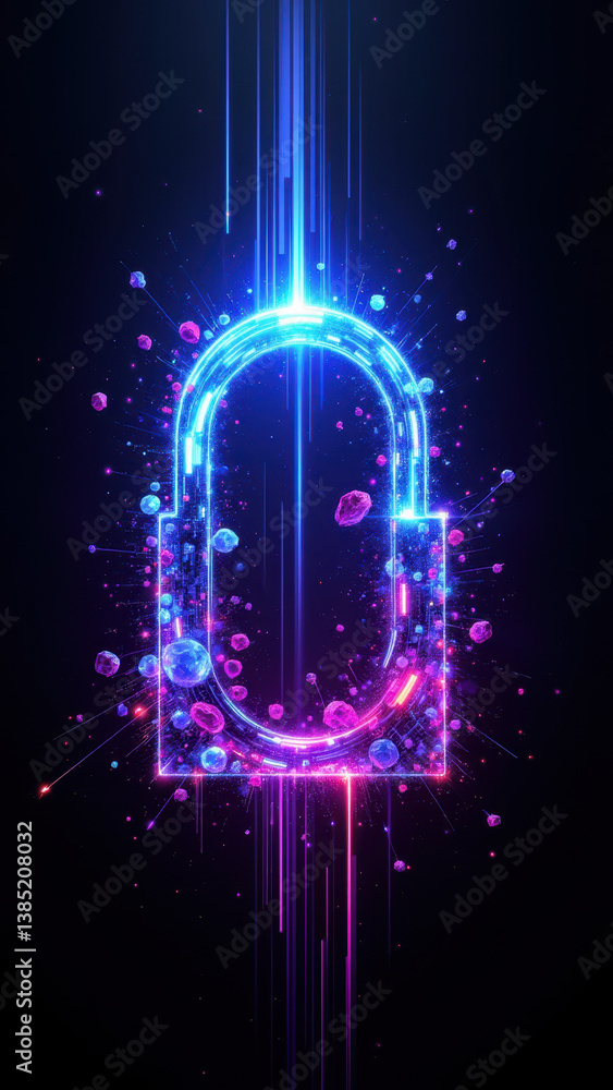 Poster cybersecurity abstract concept with neon glow and sparkle effect.