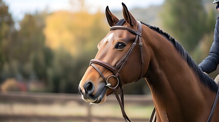 A close-up of a majestic horse, showcasing its detailed features and expressive eyes, set against a backdrop of lush greenery, capturing the beauty and elegance of these magnificen