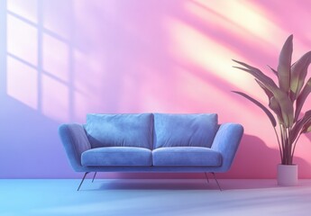 Modern Blue Sofa with Pink Wall and Natural Light Shadows