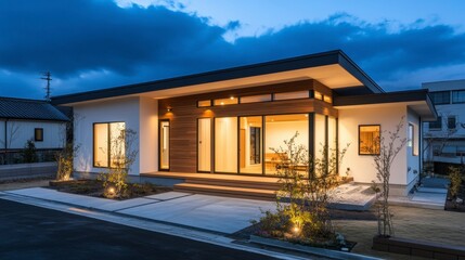 Modern Single-Story House with Warm Lighting at Dusk