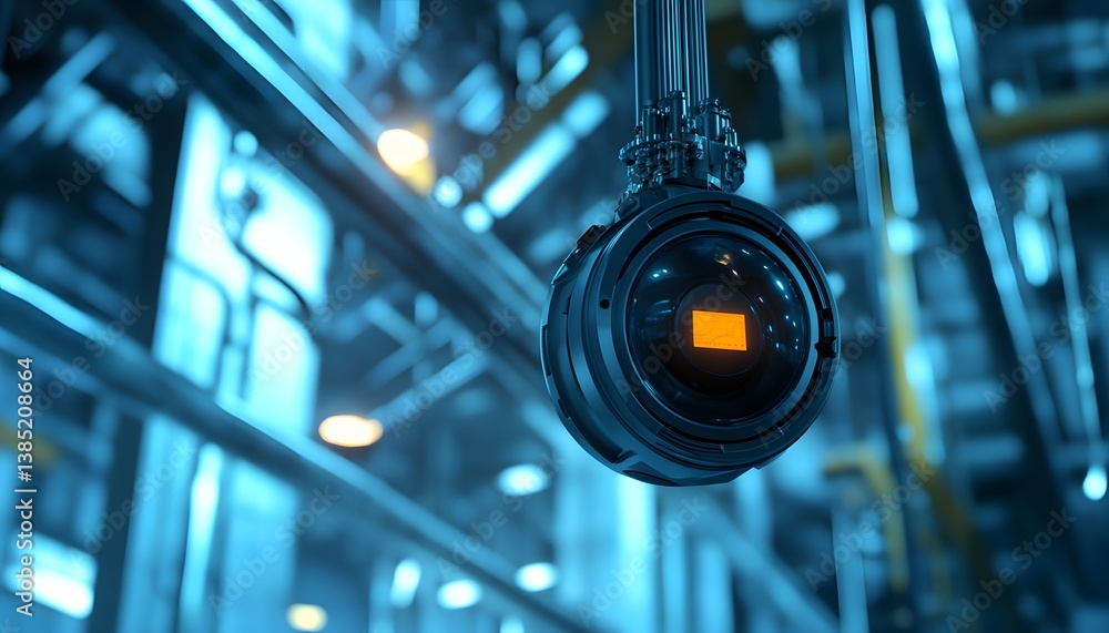Poster a close-up view of a modern surveillance camera installed within a high-tech industrial setting, sho