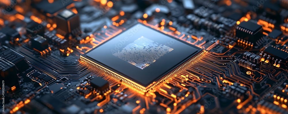 Poster a close-up view of a modern microchip on a circuit board, showcasing intricate details and glowing c