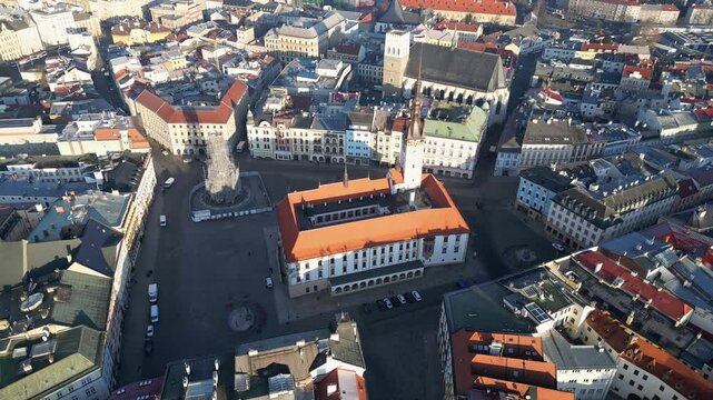 Olomuc, Czech Republic: Aerial drone footage of the famous Olomuc city hall with the Astronomical Clock in the old town upper square in Moravia.