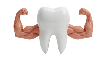 Isolated Cartoon Tooth with Muscular Arms Flexing
