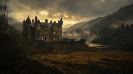 Mysterious castle in misty valley at dawn.