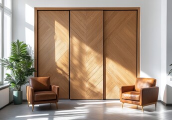 Modern Living Room with Two Brown Chairs and Wooden Wall Design