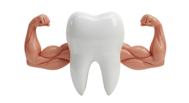 Isolated Cartoon Tooth with Muscular Arms Flexing - Powered by Adobe