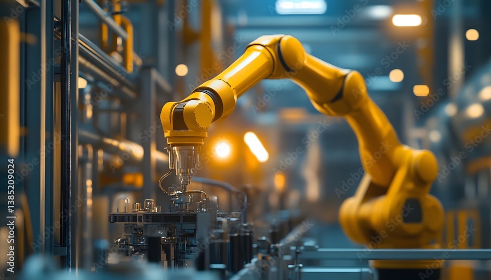 Poster a close-up view of an advanced robotic arm performing precise tasks in a modern industrial environme