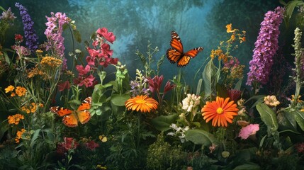 Butterflies, wildflowers, garden, mystical background, nature print