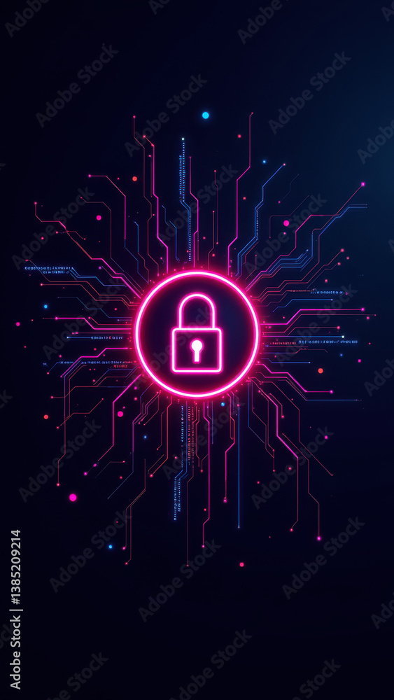 Aufkleber security lock symbol surrounded by glowing neon circuit lines on a dark background with a blurred gr