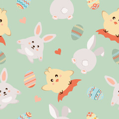 Happy easter. Seamless pattern with easter eggs, rabbit, chicken, heart on green background.