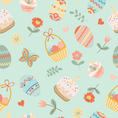 Happy easter. Seamless pattern with easter eggs, easter cake, flowers, on white background.