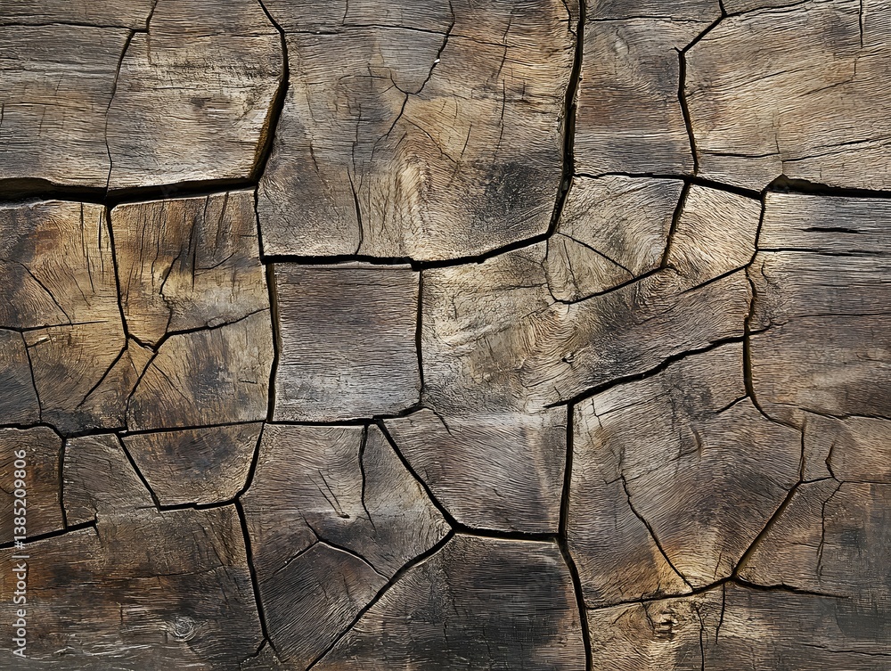 Poster a close-up view of weathered wood texture, showcasing intricate patterns and natural cracks. ideal f