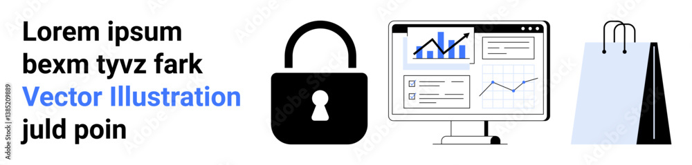 Poster lock symbolizing security, computer screen with data charts for analysis, shopping bags for retail. 