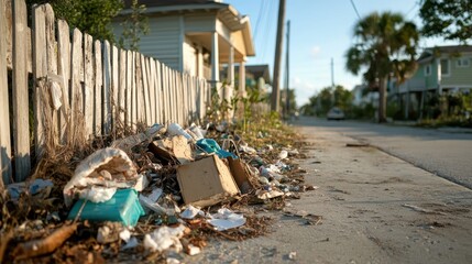 A close-up view of litter and trash piled along a sidewalk highlights the environmental challenges we face, reminding viewers of the importance of cleanliness and community efforts.