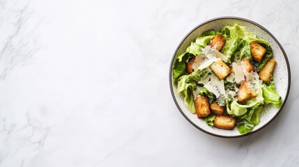 A fresh Caesar salad with crispy croutons and Parmesan cheese. Featuring crunch and flavor