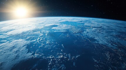 Fototapeta premium Earth sunrise from space, showing clouds, oceans, and sunlight.