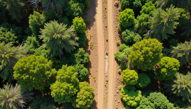 Aerial view of a dirt road surrounded by lush green trees for nature blogs, outdoor websites, environmental awareness materials, landscaping designs, travel articles, and promotional content