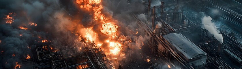 A dramatic aerial view of a factory engulfed in flames, showcasing the intensity of industrial hazards and fire safety risks in the manufacturing sector.