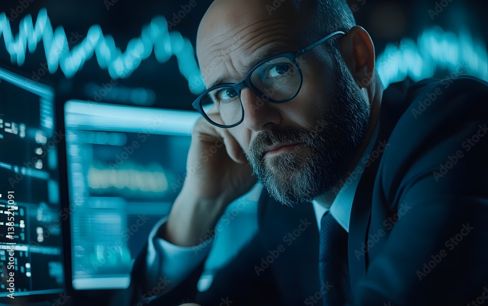 Poster a focused businessman in eyewear, analyzing data on multiple screens. the sophisticated office envir