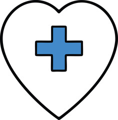 Minimal heart outline with blue medical cross icon representing healthcare wellness and aid in clean flat graphic style on white background
