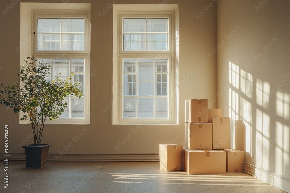 Poster boxes are stacked in a light beige room, adorned with sunlight filtering through large windows, indi
