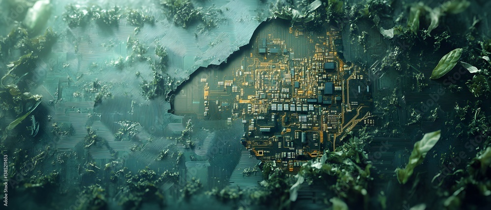 Poster a futuristic circuit board embedded in lush greenery, symbolizing the blend of nature and technology